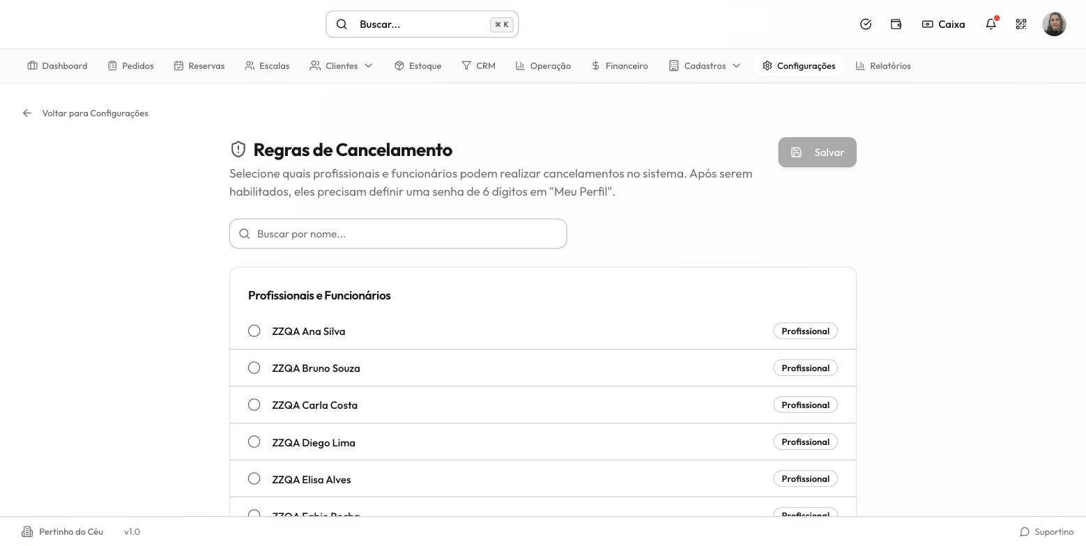 A lista de profissionais e funcionários