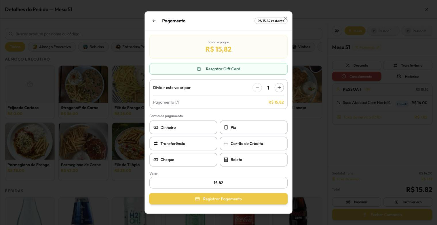 A tela de Pagamento com as formas em grade