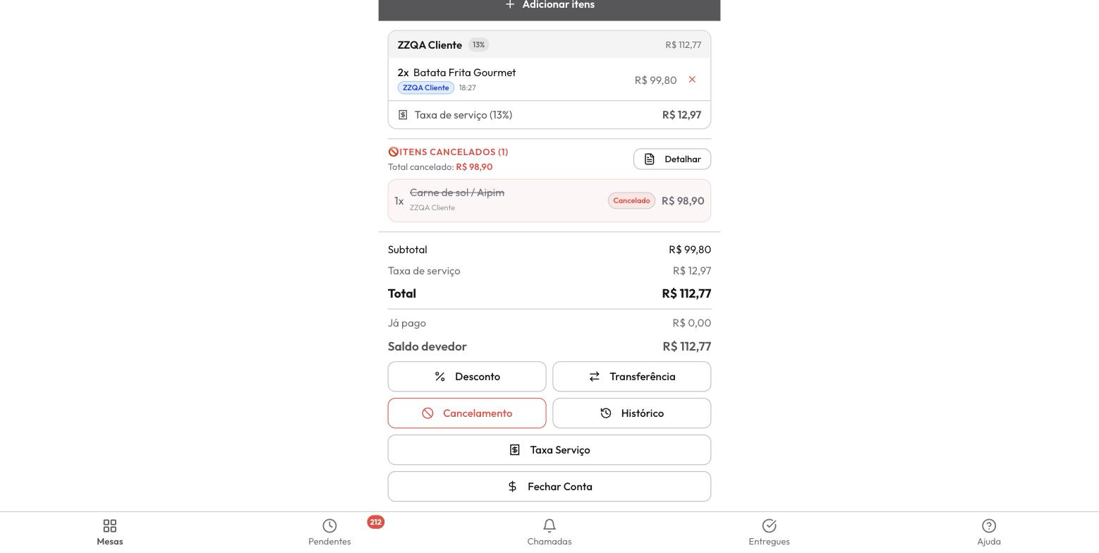 A comanda no app do garçom